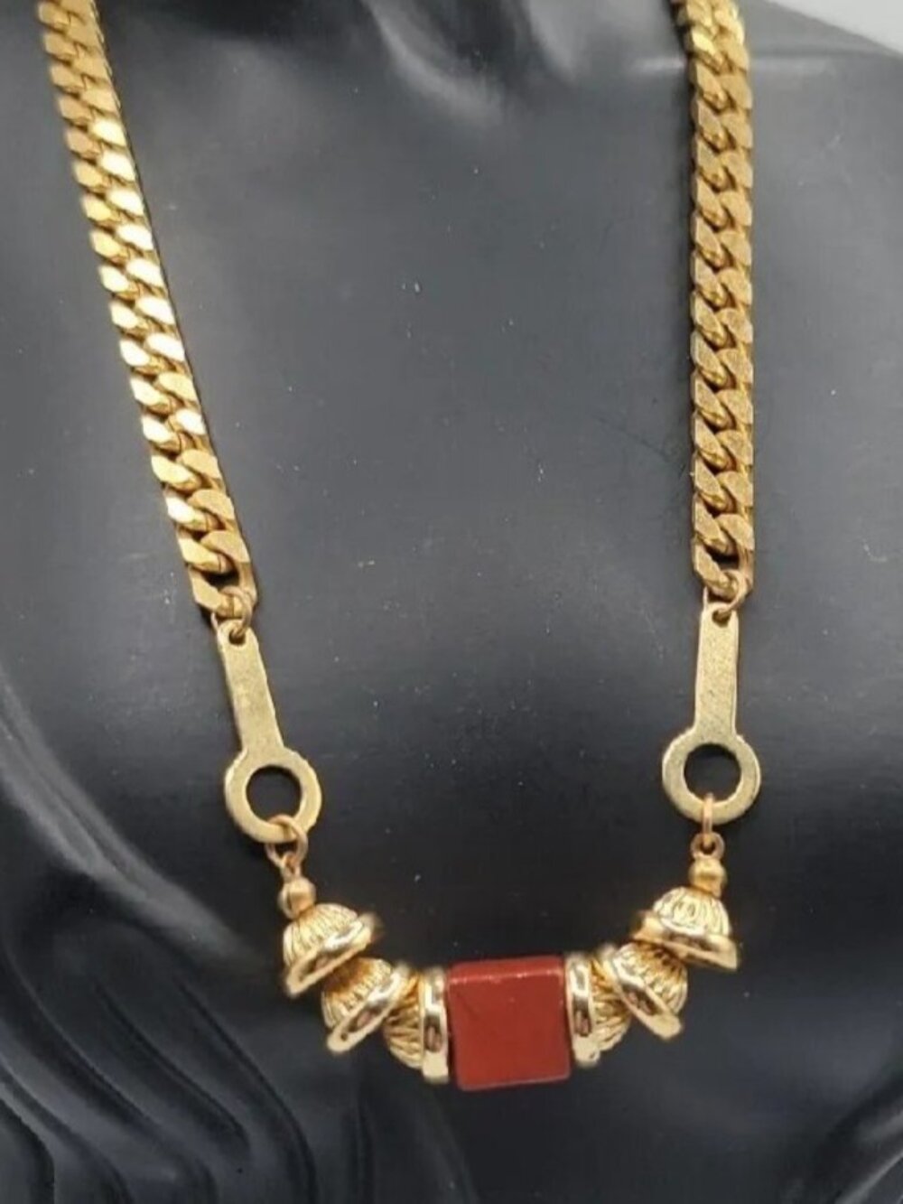 Miriam Haskell Red Glass Pendant Necklace Cuban Link Choker Signed 16" Rare